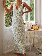 Amy Fashion - Vintage Women Sleeveless Deep V-Neck Ruched Backless Floral Print Summer Beach Female