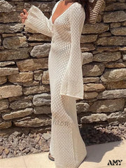 Amy Fashion - Women Knitted Solid Hollow Out Deep V-Neck Sleeve Bodycon Spring Autumn Backless