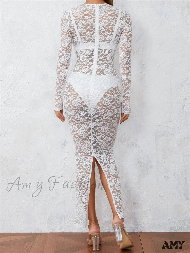 Amy Fashion - Women Lace Floral See Through Vintage Sleeve Round Neck Solid Back Split Party Female