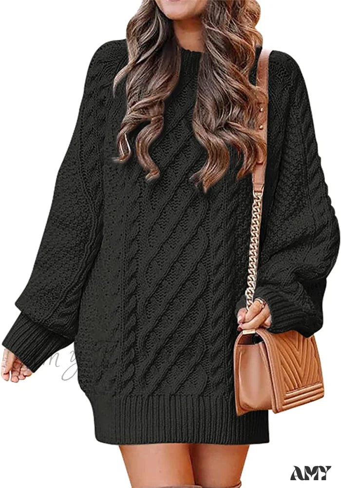 Amy Fashion - Women Long Sleeve Oversized Cable Knit Sweater Dress Black / Medium