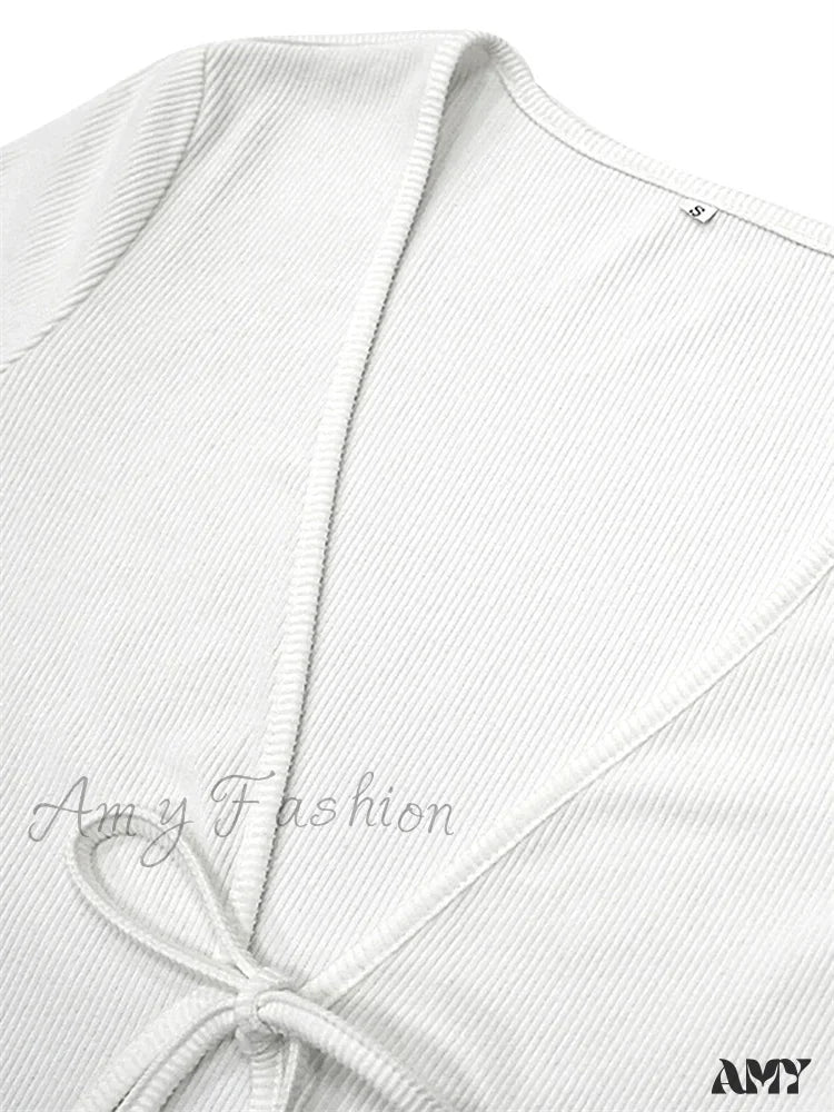 Amy Fashion - Women Ribbed Bodycon Solid Color Low-Cut V-Neck Tie-Up Sleeve Spring Autumn Party