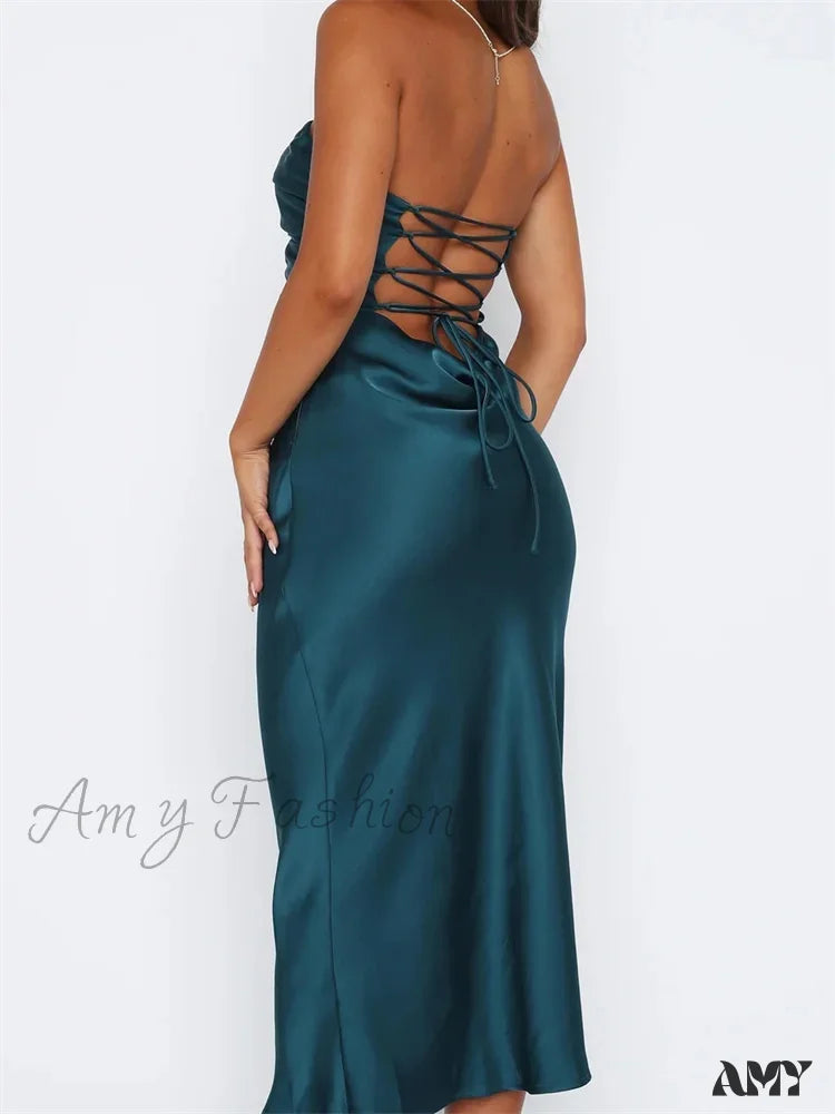 Amy Fashion - Women Sexy Strapless Backless Low Cut Off Shoulder Tube Party Satin Female Vestidos