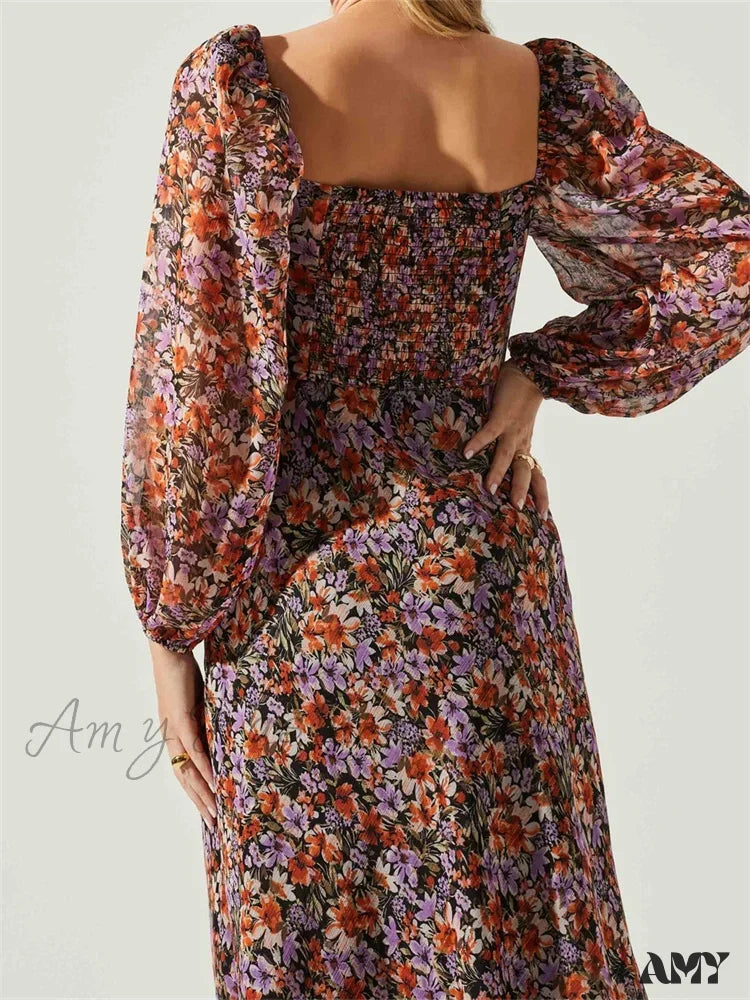 Amy Fashion - Women Spring Fall Vintage Floral Print V-Neck Puff Sleeve Backless Holiday Vestido