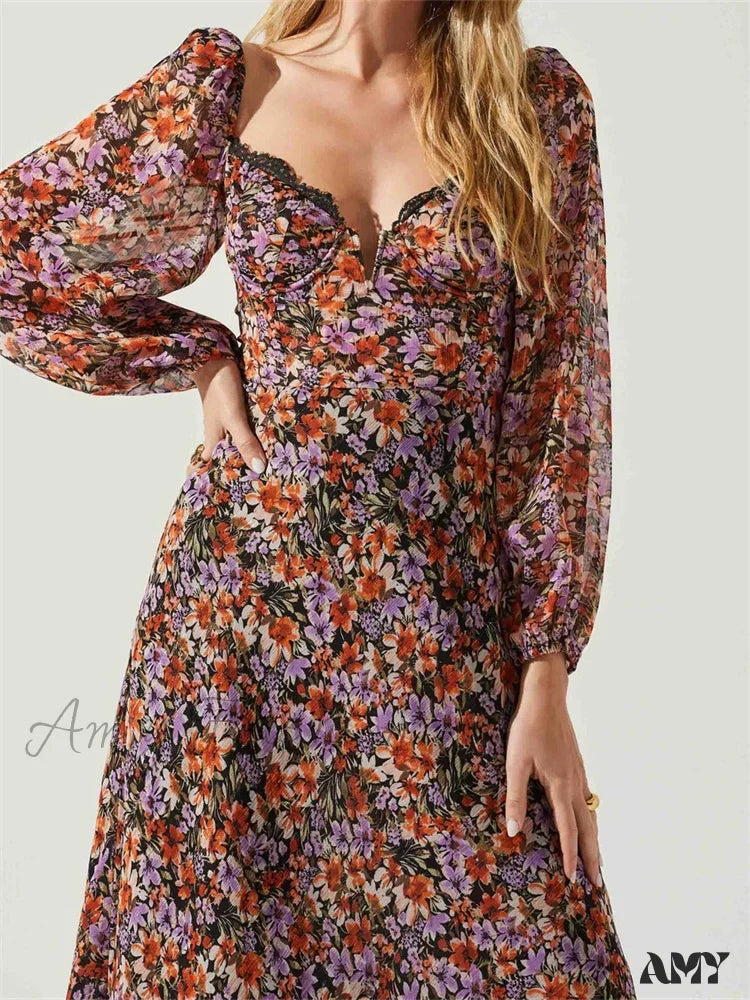 Amy Fashion - Women Spring Fall Vintage Floral Print V-Neck Puff Sleeve Backless Holiday Vestido