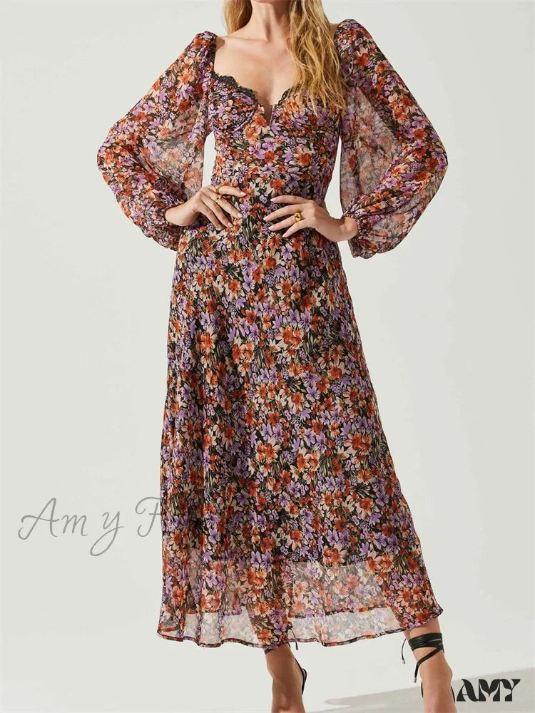 Amy Fashion - Women Spring Fall Vintage Floral Print V-Neck Puff Sleeve Backless Holiday Vestido