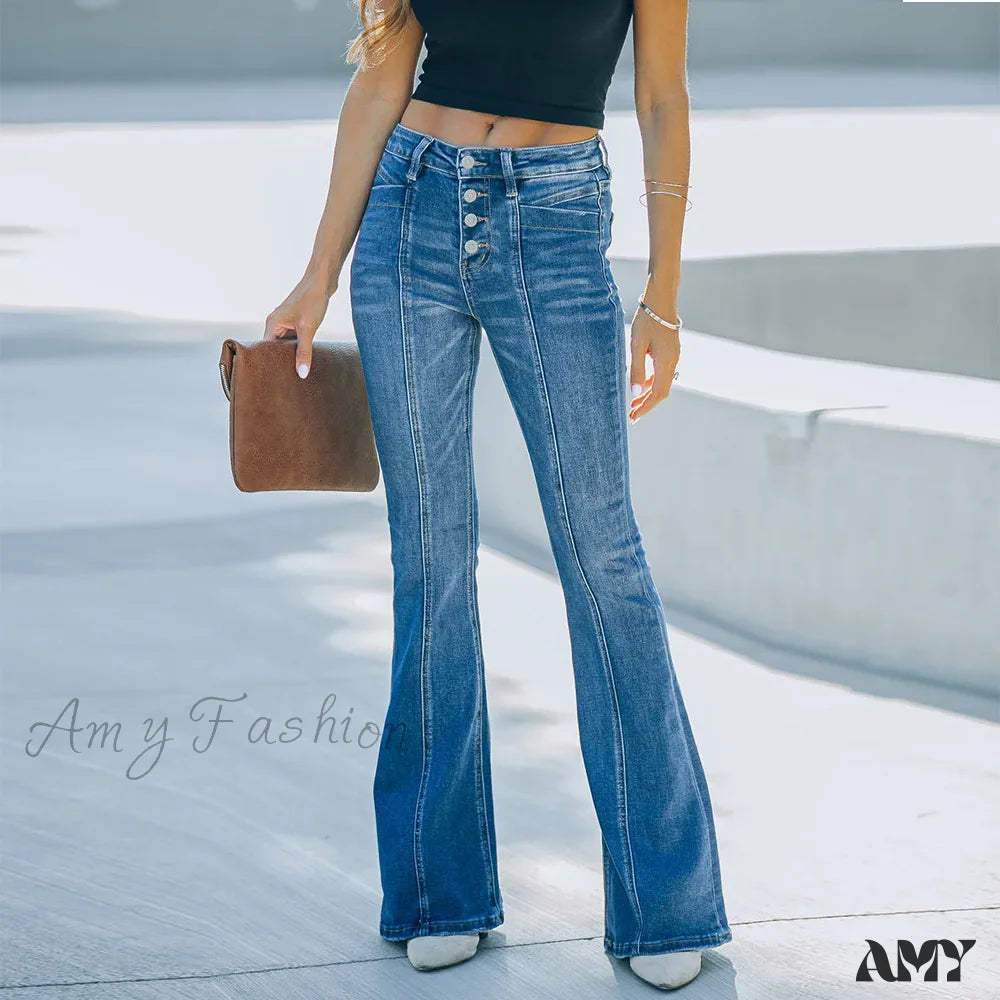Amy Fashion - Women’s Flared Patchwork Vintage Stretch High Waist Casual Slim Streetwear Wide Leg