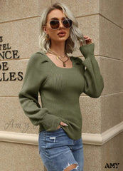 Amy Fashion - Women’s Square Neck Long Lantern Sleeve Sweater