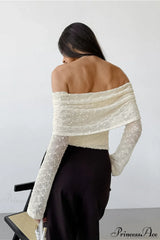 Apricot Off Shoulder Lace Knit Long Sleeve Tee
