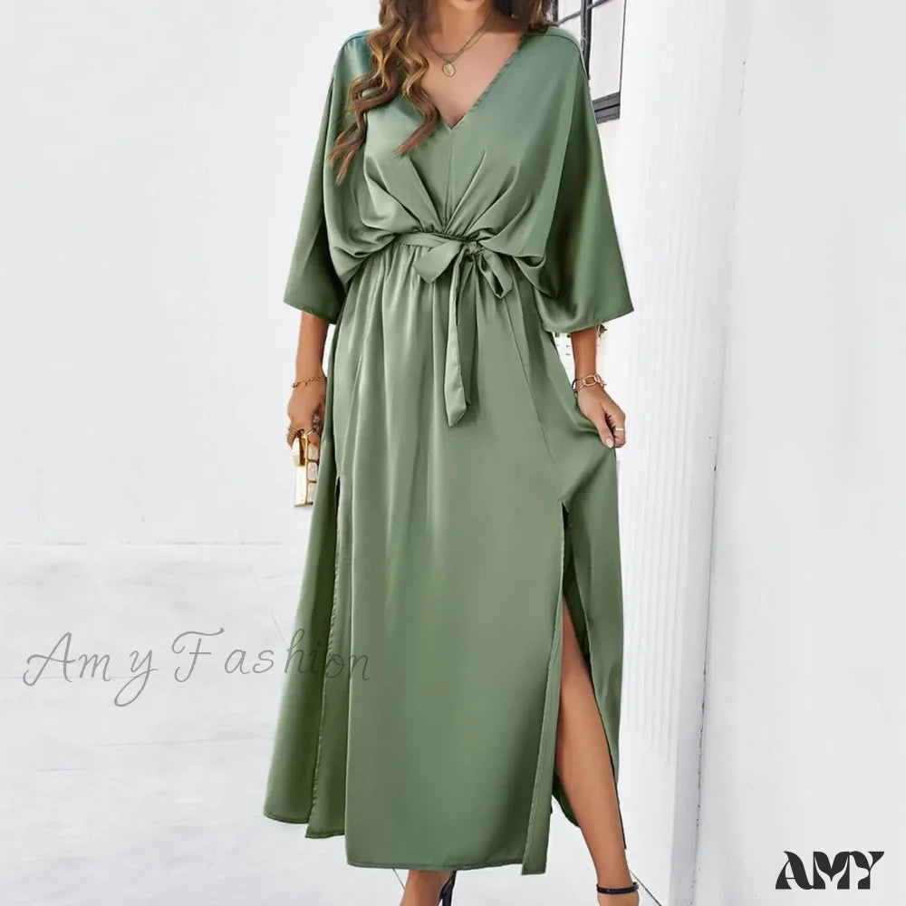 Autumn Winter Elegant Velvet Maxi Long Sleeve Pleated High Waist Female Casual Slim Fit Dress Green