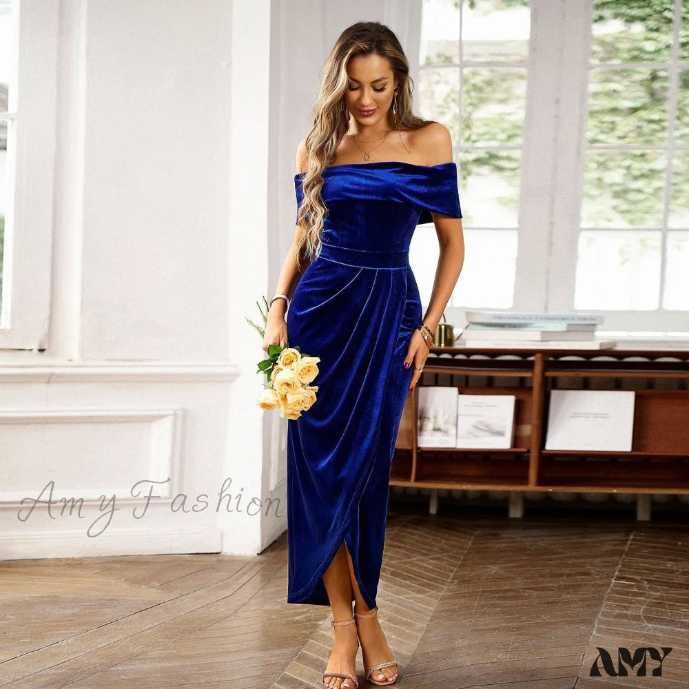 Autumn Winter Temperament Elegant Velvet One-Shoulder Dress Blue / S