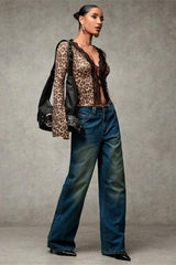 Sexy Bluse mit Leopardenmuster und Spitzeneinsätzen