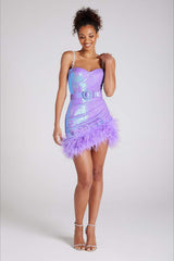 Sequin Faux Fur Belt Pencil Slip Dress