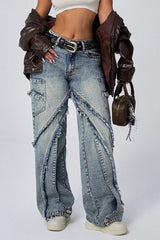 Weite, lockere Jeans mit Fransen und Patchwork-Muster