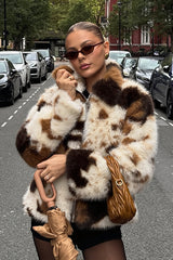 Patchwork Spot Zip Faux Fur Coat
