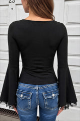 Lace Trim Button Front Bell Sleeve T-shirts
