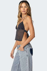 Gepunktete, rückenfreie Neckholder-Bluse, schmal geschnitten