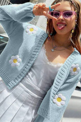 Locker geschnittene Strickjacke mit süßem Blumenmuster