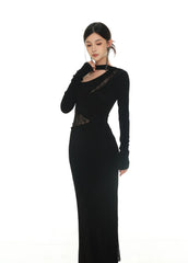Schwarzes langes Abendkleid mit asymmetrischem Ausschnitt und Spitzeneinsätzen