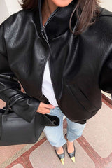 Cropped Stand Collar Faux Leather Jacket