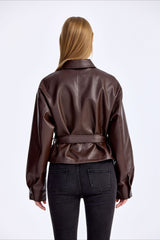 Cropped PU Notch Collar Jacket