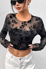 Schwarze, sexy Langarmbluse aus Mesh mit Rundhalsausschnitt