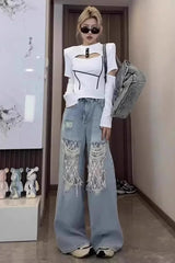 Lace Panel High Waist Wide Leg Jeans