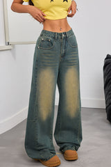 Bestickte, gewaschene Retro-Jeans mit weitem Bein