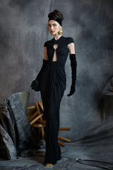 Schwarzes, figurbetontes Vintage-Abendkleid mit Mesh-Einsätzen