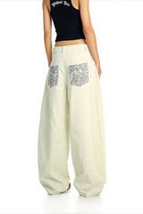 Leopard Panel Studded Barrel Leg Jeans