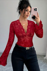 Deep V Floral Lace Bell Sleeve Top