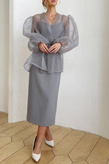 Transparente Bluse aus Mesh mit Puffärmeln und Bindeband vorne