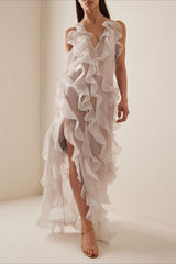 Plunge Mesh Asymmetric Ruffle Trim Long Slip Dress