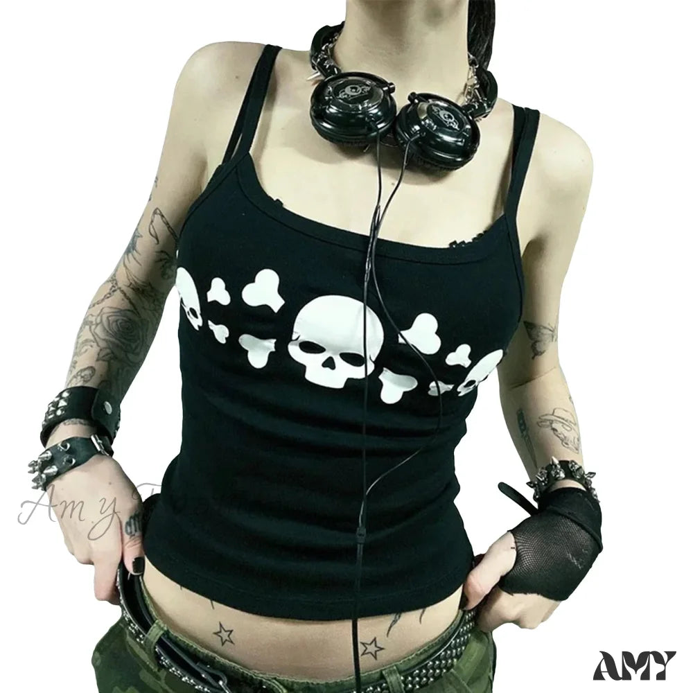 Black Retro Skull Print Backless Slim Fit Crop Top / S
