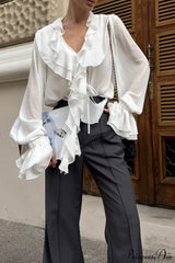 Burgundy Chiffon Ruffled V Neck Tie Blouse White / S