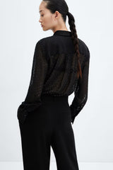 Chiffon-Bluse mit Metallic-Jacquard-Muster, durchsichtig, locker geschnitten, kurz