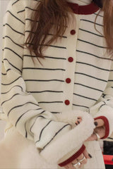 Farbblock-Streifen-Strickjacke mit Rundhalsausschnitt und Stickerei
