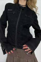Double Zipper Denim Cargo Jacket