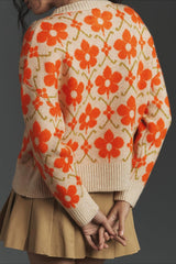 Elegante Strickjacke mit floralem Jacquardmuster, Knöpfen und langen Ärmeln
