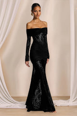 Schwarzes, figurbetontes, elegantes Maxikleid aus Spitze für festliche Anlässe