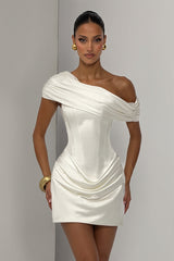 Draped One Shoulder Satin Bodycon Mini Dress