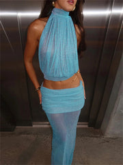 Glitzerndes Crop-Kleid-Rock-Zweiteiler-Set