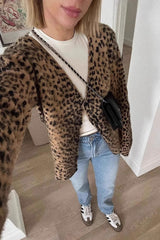 Retro-Strickjacke mit Leopardenmuster und V-Ausschnitt, weich gebürstet und locker geschnitten