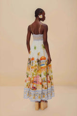 Linen Floral Print Midi Slip Dress