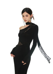 Schwarzes langes Abendkleid mit asymmetrischem Ausschnitt und Spitzeneinsätzen