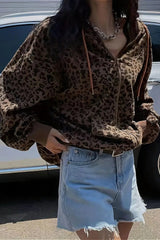Retro-Kapuzenjacke mit Leopardenmuster und lockerem Reißverschluss