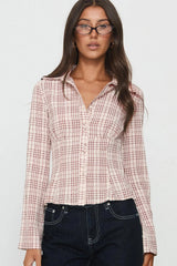 Plaid Regular Shoulder Fitted Waist Short Long Sleeve Blouse