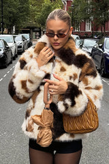 Patchwork Spot Zip Faux Fur Coat