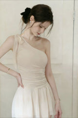 Romantic Solid Waist Cinch One Shoulder Bow One Piece Swimwear
