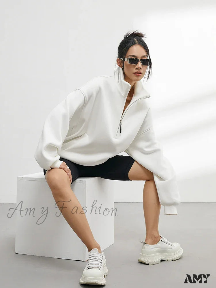 Casual Half Zip Oversized Solid Color Stand Collar Long Sleeve Hoodie