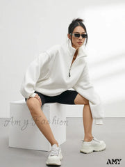 Casual Half Zip Oversized Solid Color Stand Collar Long Sleeve Hoodie